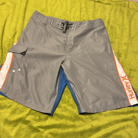 Men’s Hurley Swimming Trunks Gray White Royal with Splash of Orange Sz 34M - Picture 1 of 6